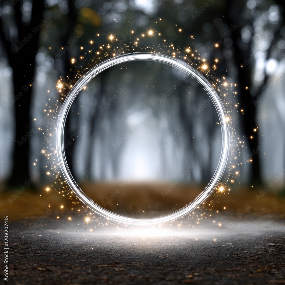 Poster a mystical circular portal surrounded by sparkles in a foggy forest setting, creating an enchanting 
