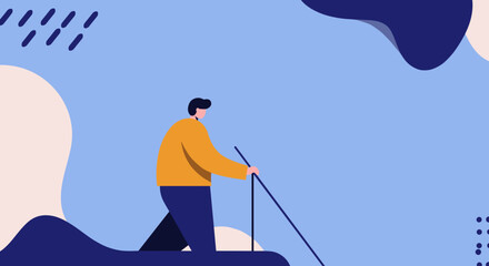 An illustrated man with a white cane navigates an abstract blue environment, symbolizing visual impairment and the challenges of accessibility.