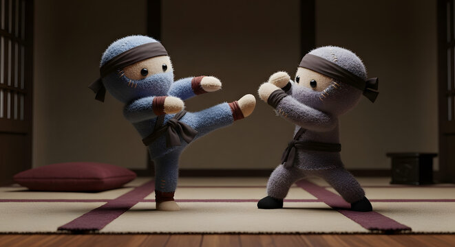 Stuffed Ninja Toys Sparring in Dojo - Martial Arts Training Concept