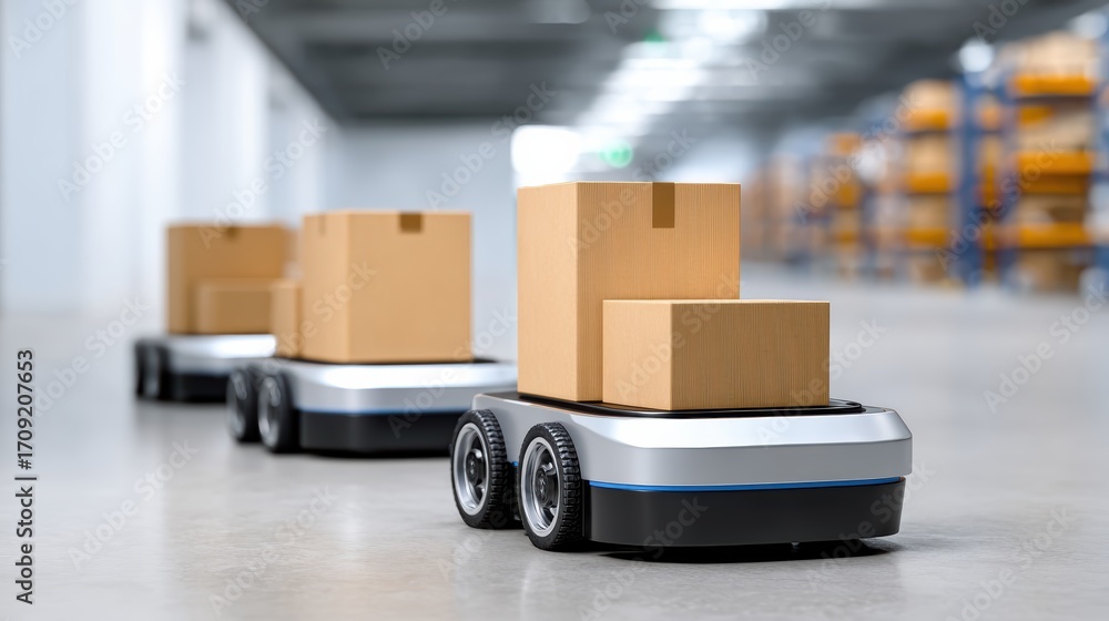 Poster automated robots transport boxes in a modern warehouse, showcasing advanced logistics technology and