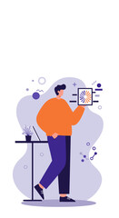 A modern flat design illustration shows a male developer analyzing a technological process, depicted by gears, symbolizing digital innovation and system optimization.