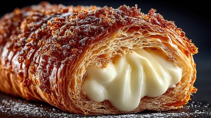 Delicious puff pastry with creamy filling, powdered sugar and brown crisp on top, looking tempting.