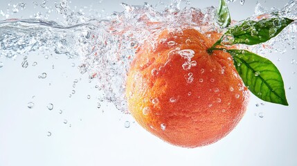 A bright orange with two green leaves falling into water, creating lots of crystal - clear splashes and bubbles against a simple light gray background, creating a fresh and lively picture.