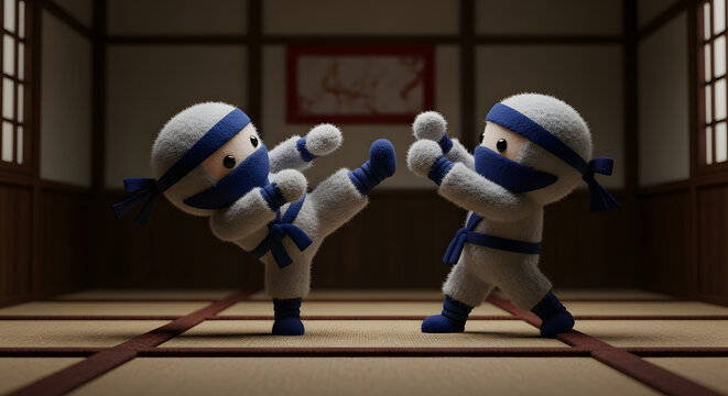 Two Fluffy Ninja Characters Practicing Martial Arts in a Dojo, 3D Render