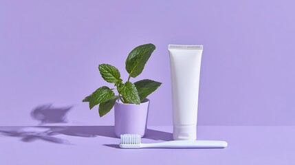 White Paste Tube, White Toothbrush and Green Mint Plant in Light Purple Pot on Light Purple Background