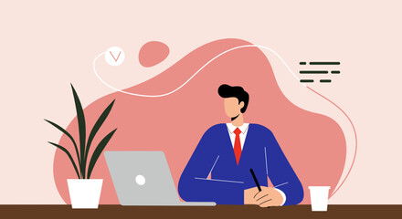 A stylishly illustrated businessman diligently works on his laptop and takes notes at a modern desk, embodying productivity and remote professional success.