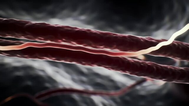 the umbilical cord, glowing vessels carrying life between mother and fetus, each pulse of blood shown in microscopic glowing detail