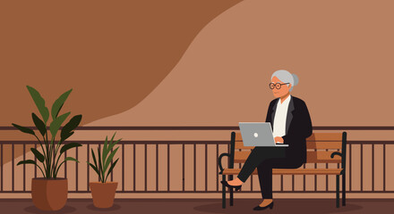 An elegant senior woman with stylish grey hair and glasses diligently works on her laptop while comfortably seated on an outdoor park bench, surrounded by potted greenery.