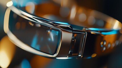 Close-up of futuristic smart glasses with sleek metallic design and vibrant digital display for advanced technology wearable innovation concept