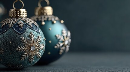 Two exquisitely decorated Christmas balls, one dark blue with snowflake and sequin decorations, the other turquoise with snowflake and gold accents, placed in front of a dark background, creating a fe