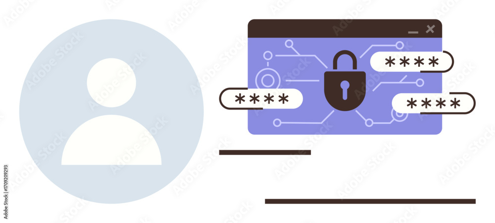 Poster user profile icon alongside login security interface with password fields and a lock. ideal for cybe
