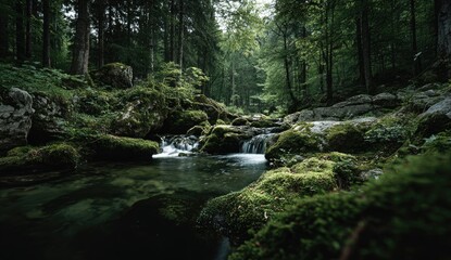 Obraz premium Forest stream, moss-covered rocks