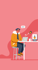 A stylish individual wearing a warm yellow jacket and glasses is focused on their laptop while enjoying music and coffee in a modern, minimalist setting.