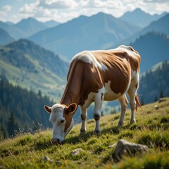 A cow grazing on a mountain grassland, scenic landscape, natural lighting, photorealistic