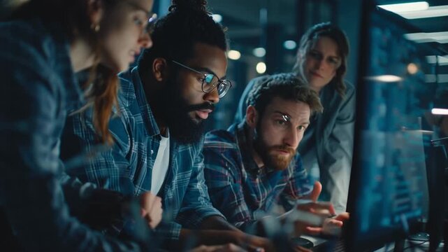 Tech Team's Vigil: A focused team of tech professionals intensely examines data displayed on a screen within a dimly lit setting, working with dedication and expertise.