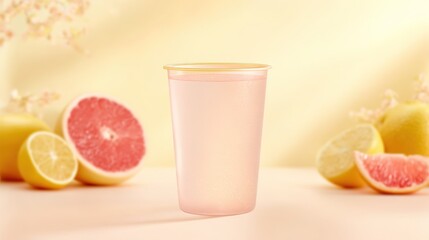 Pink Beverage in a Cup with Grapefruit and Lemon Slices on Light Beige Table with Warm Yellow Background and Light Flower Branches