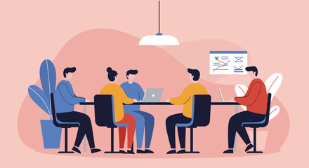 A diverse team of professionals collaborates in a modern office meeting room, analyzing data and discussing strategic business plans for future growth.