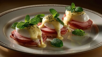 Three Eggs Benedict on a white plate, each with ham, poached egg, covered with hollandaise sauce, and garnished with fresh mint leaves, looking delicate and delicious as a whole.
