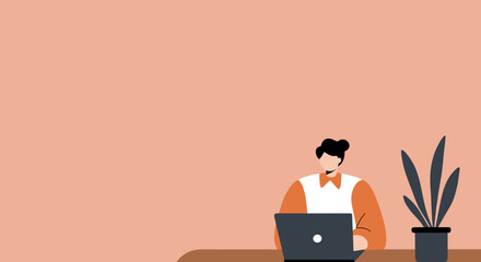 Minimalist illustration of a person productively working on a laptop at a desk with a plant. Ideal for remote work, business, or online learning concepts.