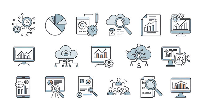 Business analytics icons, charts, graphs, cloud computing and data analysis visualization elements for digital presentation and web design