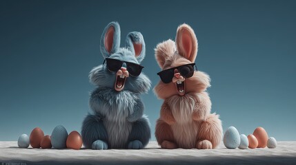 Two Cartoon Rabbits with Sunglasses, Gray and Brown, Celebrating Joyfully on the Beach with Rocks and Colorful Eggs