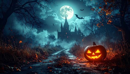 Halloween pumpkin on abandoned old road and medieval castle on the background