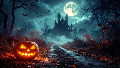 Halloween pumpkin on abandoned old road and medieval castle on the background