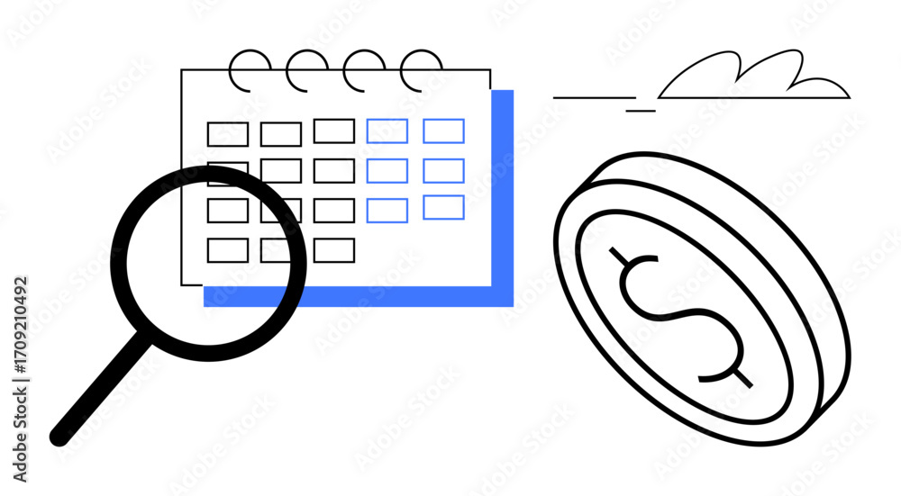 Poster magnifying glass focusing on a calendar alongside a dollar coin and minimal background elements. ide
