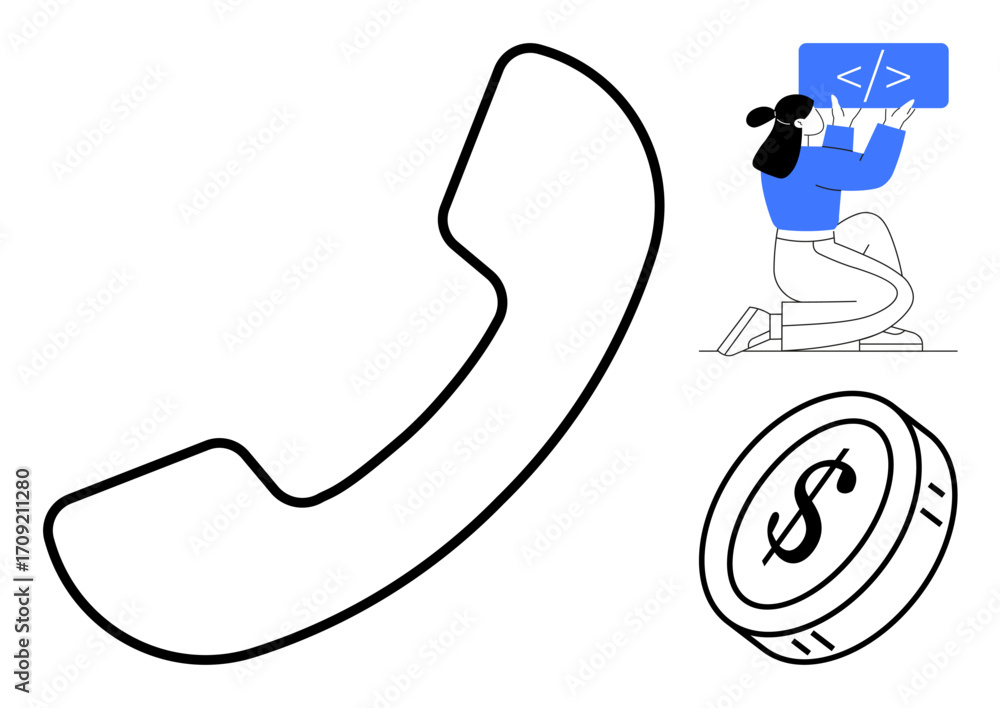 Poster large phone handset outline, seated person displaying code on a screen, circular coin with dollar si