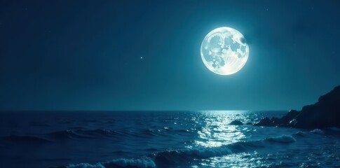 Bright, full moon casts ethereal light on tranquil, dark ocean; sparkling reflections , nature, silver
