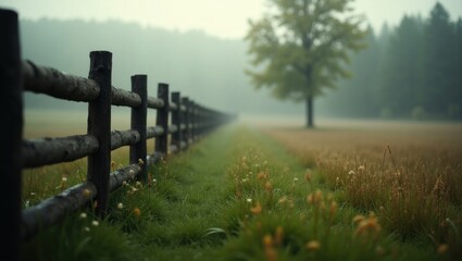 A misty morning scene showcases a weathered wooden fence running through a grassy field, with a solitary tree standing in the distance.
