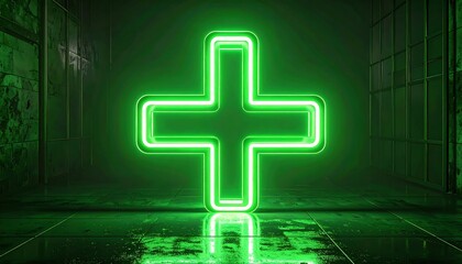 Obraz premium Neon green cross in dark industrial setting
