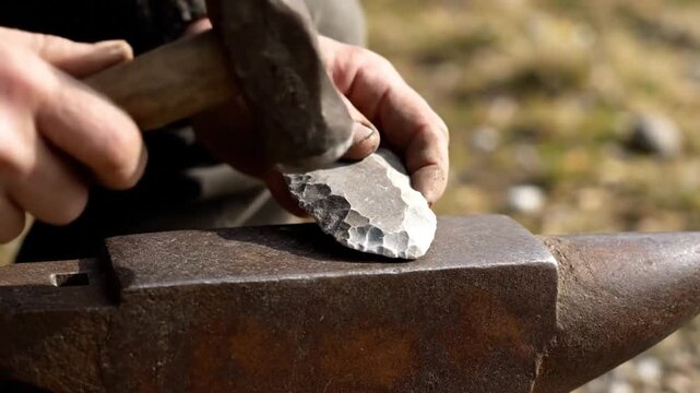 artisan shaping stone using hammer and anvil outdoors