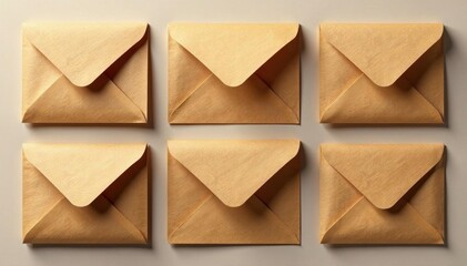 Elegant textured kraft envelopes, diverse sizes, subtle shadows, material, subtle