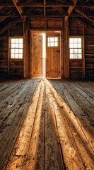 Sunlight streams through open door in rustic wooden attic