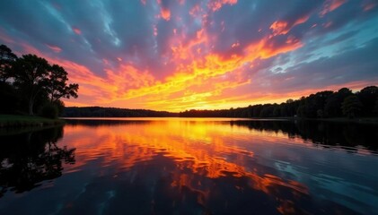 Fototapeta premium Lake Fayetteville sunset, dazzling yellow hues against a deep blue sky, landscape, peaceful