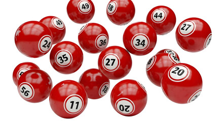 red bingo balls with numbers isolated on a transparent background