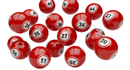 red bingo balls with numbers isolated on a transparent background