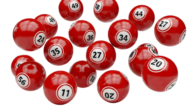 red bingo balls with numbers isolated on a transparent background