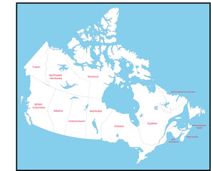 Fototapeta premium Map of Canada with regions labeled in red on a blue background.eps