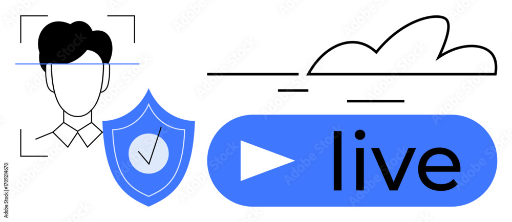 Poster facial recognition scanning alongside shield for data security, cloud, and live streaming button. id