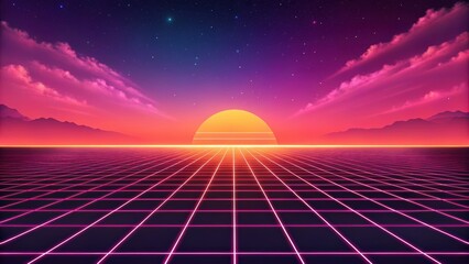 Retro futuristic sunset over a digital grid landscape