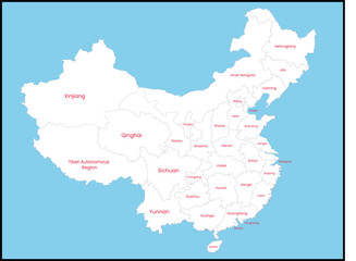 Map of China with regions labeled in red on a blue background..eps