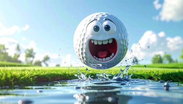 A cartoon golf ball with a happy expression splashes into a puddle of water on a grassy field.