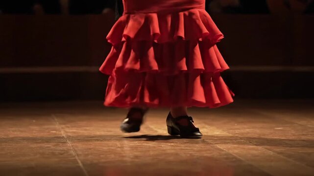 Flamenco Dancers Feet and Red Dress on Stage, Capturing Passionate Movement and Traditional Spanish Dance.
