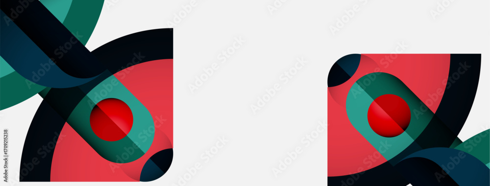 Poster abstract geometric design. red, green, dark shapes overlap, creating dynamic visual effect. minimali