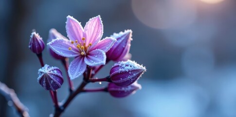 Snow dusted purple flower buds, delicate detail , flowers, winter scene, background
