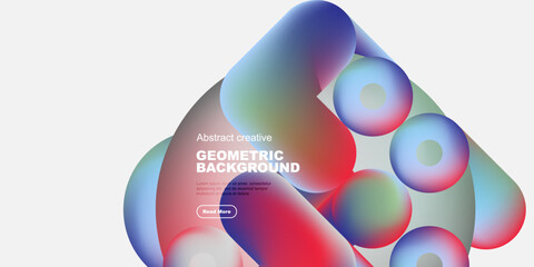 Abstract colorful shapes overlap, creating dynamic geometric background. Text present, button visible. Modern design elements.