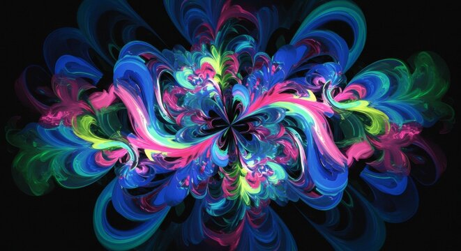 Abstract digital art with a colorful psychedelic floral fractal pattern background, a vibrant wallpaper design in pink, purple, and blue