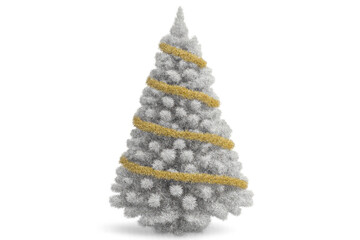 Silver christmas tree with golden ribbon decoration on transparent background